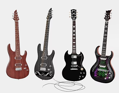 Colorful Electric Guitars with Artistic Paintings and Unique Designs for Musicians 3d model