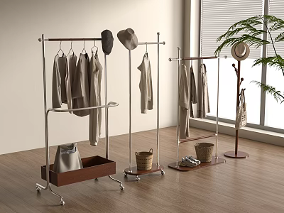 Stylish Metal Frame Clothes Racks With Hanging Clothes And Hats Side Baskets On Wooden Floor 3d model