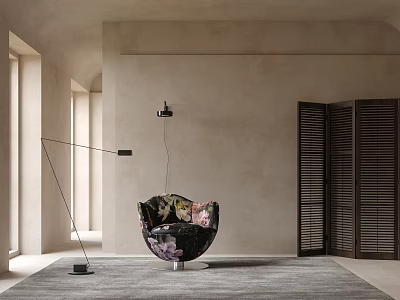Floral Patterned Accent Chair With Floor Lamp Gray Rug Beige Wall And Shutter Doors 3d model