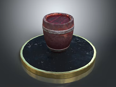 Dark Red Wooden Barrel Household Item With Black Circular Base And Gold Rim 3d model