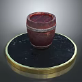 Dark Red Wooden Barrel Household Item With Black Circular Base And Gold Rim