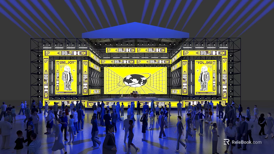 Large Stage With Yellow Black Theme Blue Lighting And Crowd Gathering 3d model 