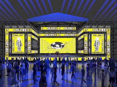 Large Stage With Yellow Black Theme Blue Lighting And Crowd Gathering 3d model