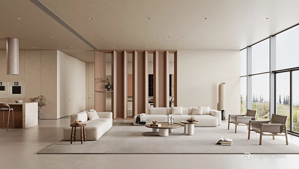 Modern Living Room Interior With Neutral Tones Sofa Coffee Table And Wooden Partitions 3d model 
