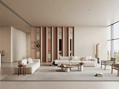 Modern Living Room Interior With Neutral Tones Sofa Coffee Table And Wooden Partitions 3d model