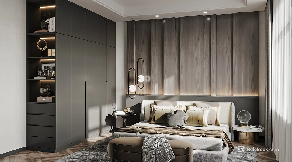 Modern Luxury Bedroom Interior With Dark Wardrobe Wooden Accent Wall And Pendant Lights 3d model 