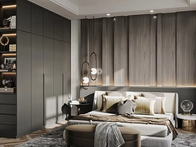 Modern Luxury Bedroom Interior With Dark Wardrobe Wooden Accent Wall And Pendant Lights 3d model