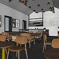 Cozy Restaurant Interior With Wooden Tables Chairs Chandeliers Bar Counter And Green Plant