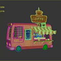 Orange Coffee Truck With COFFEE Sign Red And White Striped Awning And Blue Menu Board