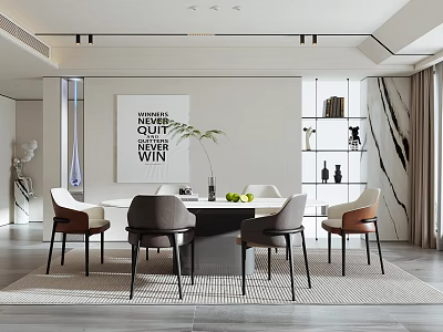 Modern Restaurant Interior with Round Dining Table Chairs Decorative Artwork Marble Wall and Bookshelf 3d model