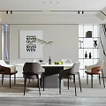 Modern Restaurant Interior with Round Dining Table Chairs Decorative Artwork Marble Wall and Bookshelf