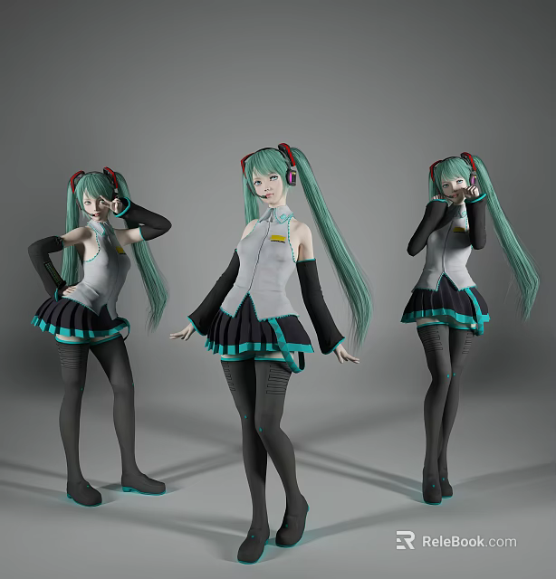 Anime 3D Woman With Long Green Hair Headphones White Top Black Skirt And Stockings 3d model 