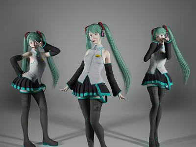 Anime 3D Woman With Long Green Hair Headphones White Top Black Skirt And Stockings 3d model