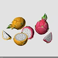 Yellow and Pink Dragon Fruit Whole and Sliced with Black Seeds on Blue Background