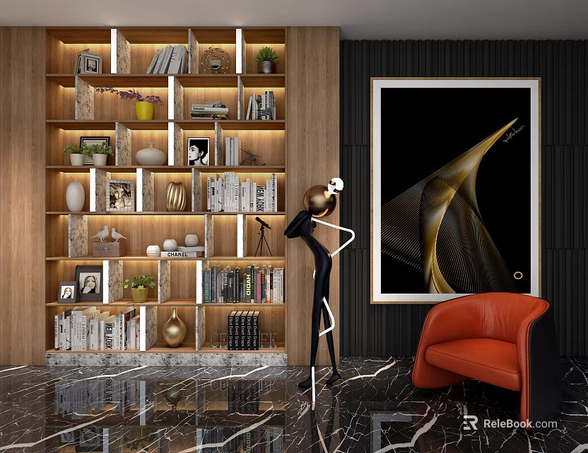 Modern Wooden Bookcase With Multiple Shelves Books Decorations Plants Red Armchair And Abstract Painting 3d model 