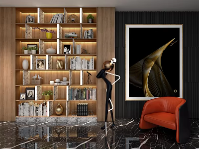 Modern Wooden Bookcase With Multiple Shelves Books Decorations Plants Red Armchair And Abstract Painting 3d model
