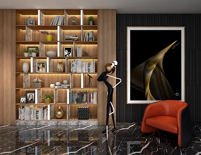 Modern Wooden Bookcase With Multiple Shelves Books Decorations Plants Red Armchair And Abstract Painting 3d model