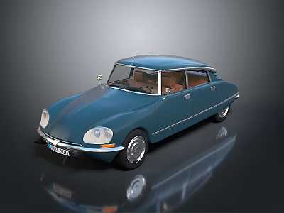 Vintage Blue Classic Car With Streamlined Body And Brown Leather Seats Shiny Reflection 3d model