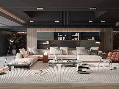 Modern Living Room Interior With Open Concept Gray Sofa Wooden Flooring Floor Lamp Coffee Table 3d model