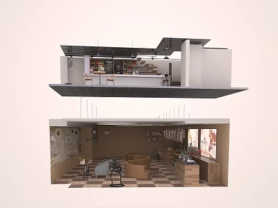 Modern Café Interior Design With Wooden Tables Chairs Bar Counter Pendant Lights And Decorative Paintings 3d model