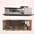 Modern Café Interior Design With Wooden Tables Chairs Bar Counter Pendant Lights And Decorative Paintings