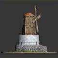Detailed Windmill Model Featuring Wooden Tower Blades Stone Wall And Green Grass Base