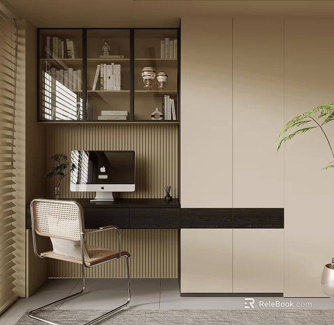Modern Glass Door Bookcase With Black Desk Computer Rattan Chair And Beige Wall 3d model 