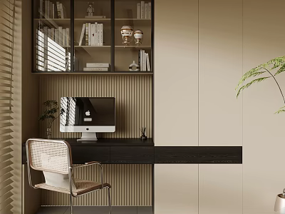 Modern Glass Door Bookcase With Black Desk Computer Rattan Chair And Beige Wall 3d model