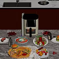 Modern Dining Table Set With Air Fryer Various Food Dishes And Marble Countertop