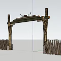 Rustic Wooden Entrance Gate with Log Arch Cyclist Riding Through Countryside Field Under Blue Sky