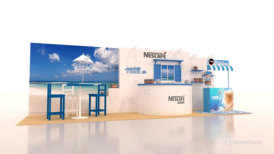 NESCAFE Exhibition Booth With Blue Umbrella White Wall Counter And Drink 3d model 