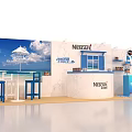NESCAFE Exhibition Booth With Blue Umbrella White Wall Counter And Drink