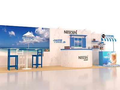 NESCAFE Exhibition Booth With Blue Umbrella White Wall Counter And Drink 3d model