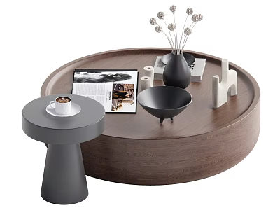 Round Wooden Coffee Table With Magazine Black Vase Bowl White Geometric Decor And Small Gray Side Table 3d model