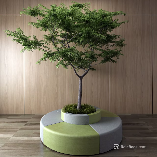 Outdoor Chair With Green Gray Round Base And Wooden Background Tree Design 3d model 