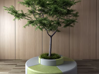 Outdoor Chair With Green Gray Round Base And Wooden Background Tree Design 3d model