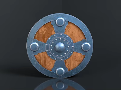 Medieval Shield Design Featuring Wooden Center Metal Frame Decorative Rivets and Circular Accents 3d model