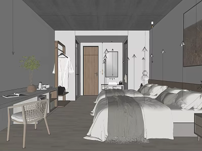 Minimalist Modern Hotel Guest Room With Comfortable Bed Wooden Floor And Pendant Lights 3d model