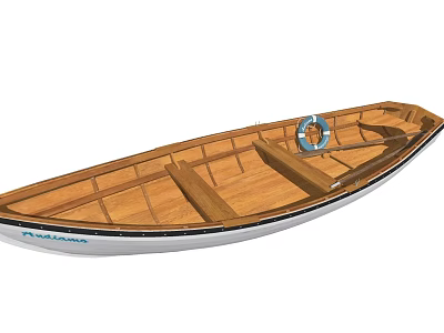 Wooden Boat With Classic Wooden Interior Seats White Trim And Blue Lifebuoy Design 3d model