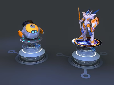 Smart Machines Including Spherical Robot With Yellow Black Features And Humanoid On Circular Glowing Platforms 3d model