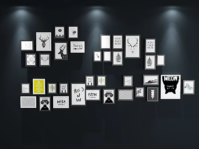 Animal Paintings on Wall Display with Various Designs Black White Illuminated Frames Different Sizes 3d model