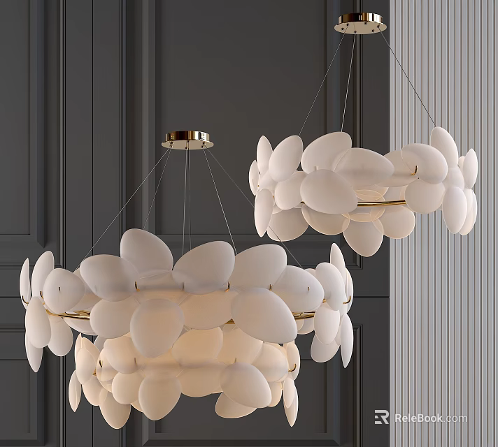 Modern White Petal Shaped Chandelier With Gold Base Hanging On Dark Wall 3d model 