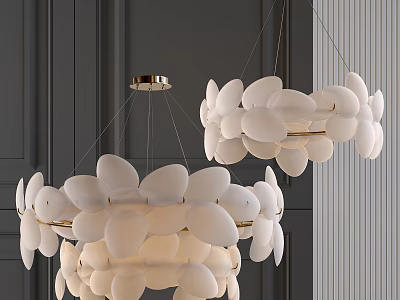 Modern White Petal Shaped Chandelier With Gold Base Hanging On Dark Wall 3d model