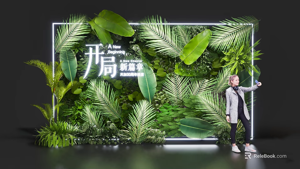 Person Standing By Green Plant Wall With Large Leaves Ferns And White Frame 3d model 