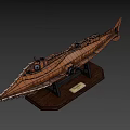 Copper Colored Water Vehicle Model With Sharp Bow On Wooden Base