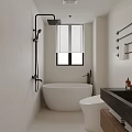 Modern Minimalist Bathroom Interior With White Bathtub Toilet Round Illuminated Mirror And Wooden Vanity