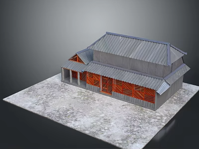 Traditional Scenic Architecture With Grey Roof Red Decorations And Stone Paved Ground 3d model