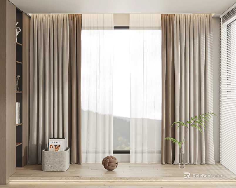 Brown Curtains With White Sheer For Bright Modern Window In Natural Light Room 3d model 
