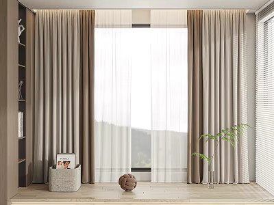 Brown Curtains With White Sheer For Bright Modern Window In Natural Light Room 3d model