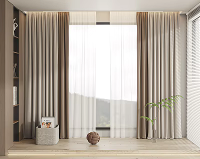 Brown Curtains With White Sheer For Bright Modern Window In Natural Light Room 3d model